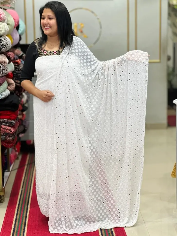 Off White Shimmer Silk Heavy mirror work PartyWear Salwar Suit with Cute Potli main image 0